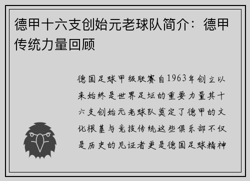 德甲十六支创始元老球队简介：德甲传统力量回顾